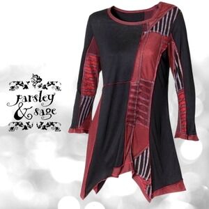 Parsley & Sage Tunic Womens Patchwork Lagenlook Asymmetric Hem Black Red Large
